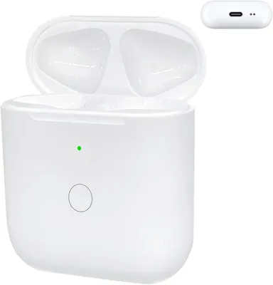 A white charging case for Apple AirPods with the lid open, showing the interior slots for the earbuds. A small green LED indicator is visible on the front of the case, along with a circular button. A separate image of a USB-C port is shown in the top right