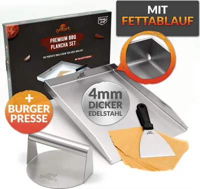 A product shot of a premium BBQ plancha set, including a grill plate, spatula, and burger press, with marketing overlays highlighting features.