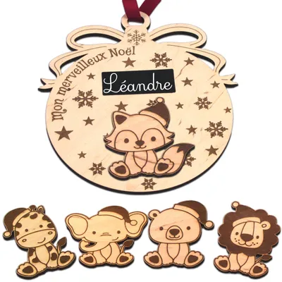 Personalisierbare Holzkugel mit 5 Tieren + Stift, Weihnachtsdeko