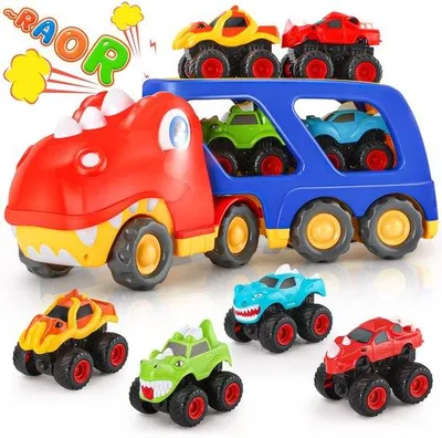 Produktbild von Schnelleinkauf - 5-in-1 Dinosaurier Transporter Spielzeug Auto mit Sounds und Licht für Kinder - LKW Spielzeug für Jungen von 2, 3, 4 Jahren