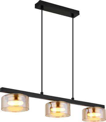 Produktbild von Globo Lighting Hängeleuchte Metall schwarz matt, Aluminium goldfarben gebürstet, Glas amber, Kabel PVC schwarz, Höhe kürzbar, LxBxH: 650x130x1100mm, inkl. 3x GX53 LED 6W 230V, 400lm Source, 330lm Output, 1800K, LED Leuchtmittel inkl. 10162