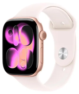Zdjęcie produktu dla Apple Watch Series 11 z GPS, 46 mm, obudowa z aluminium w kolorze różowego złota, pasek sportowy w kolorze jasnoróżowym – rozmiar M/L, model A3333