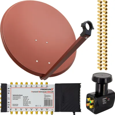 Produktbild von PremiumX SAT Anlage 80cm Antenne Ziegelrot 5/16 Multischalter LNB F-Stecker