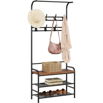 Image de Portemanteau avec banc à chaussures Assise avec 9 crochets et 3 étagères Étagère à chaussures Organisateur de couloir multifonctionnel 60 x 30 x 180 cm marron