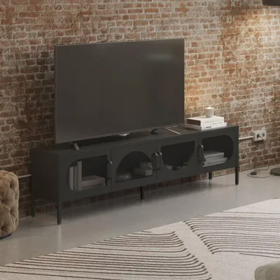 Immagine prodotto di Porta TV in metallo Tayra con 4 ante reticolate nero 180x35x50H – Stile moderno e anima industrial