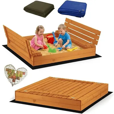 Imagen del producto de Caja de arena de madera de alta calidad, 140 x 140 cm. Tratada con impregnante, con bancos abatibles. Incluye forro para el suelo. Parque infantil para exteriores (140x140, color miel)