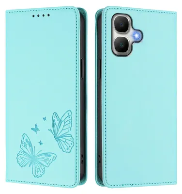 Image de Étui en cuir pour Infinix Smart 20, étui de protection type portefeuille en cuir gaufré motif papillon avec support, couleur turquoise