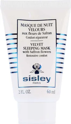A white tube of Sisley Velvet Sleeping Mask with blue stripes and text.