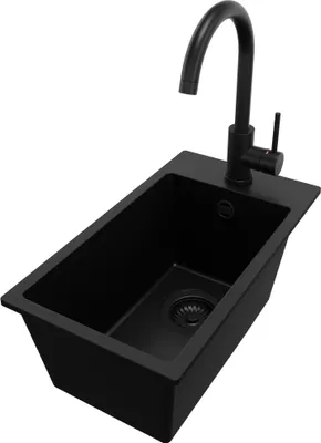 Produktbild von PRIMAGRAN Granitspüle Alles Schwarz 28x50cm, Spülbecken 1 Becken + Küchenarmatur 32x20cm + Ablauf-Set, Küchenspüle ab 30er Unterschrank - Riga