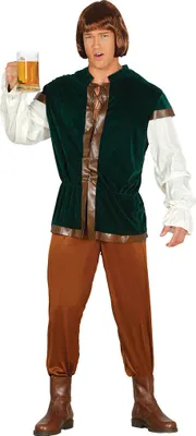 A man in a historical costume holding a beer.