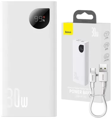 A white Baseus Adaman2 power bank and its packaging are displayed.