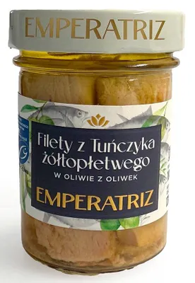 TUŃCZYK ŻÓŁTOPŁETWY FILETY MSC W OLIWIE Z OLIWEK 200 g (130 g) (SŁOIK) - EMPERATRIZ