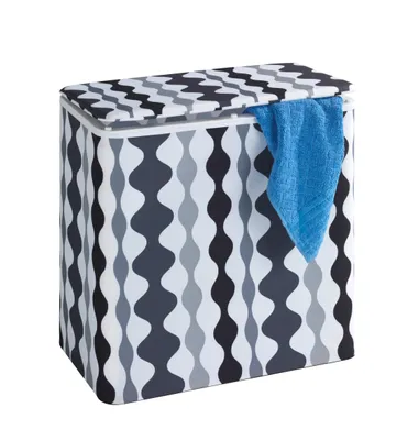 A laundry hamper with a blue towel draped over the side, set against a white background.