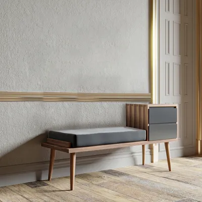 Produktbild von Skye Decor, Moderner Flurstand mit 2 Schubladen, Walnuss und Anthrazit, 120 x 40 x 45 cm | 100% melaminbeschichtete Spanplatte, 18 mm dick | Inkl. Kissen, viele Regale, wandmontierbar.