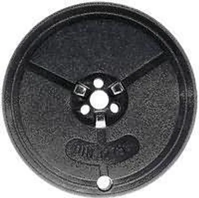 A black circular object with a central hub and three spokes, resembling a wheel or a reel.