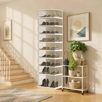 Produktbild von Faltbarer Schuhschrank 9 Ebenen, Schuhbox stapelbar mit Türen, Schuhregal aus Kunststoff, platzsparender Organizer für 18 Paar Schuhe, 44×35×170cm