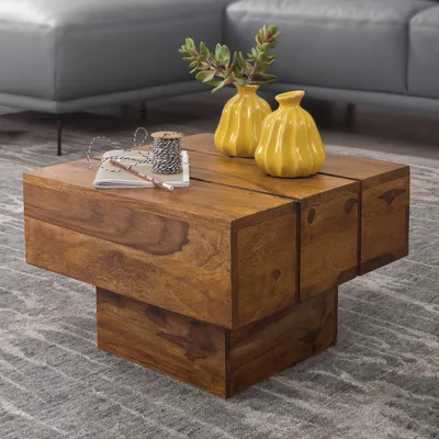 Obrázek produktu pro FineBuy Odkládací stolek z masivního dřeva sheesham, obývací stolek 44 x 44 x 30 cm, masivní konferenční stolek ve venkovském stylu, čtvercový
