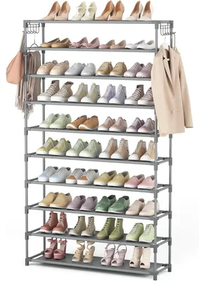 Immagine prodotto di Scaffale per scarpe, 10 ripiani, metallo grigio, altezza 155 cm, capacità per 50 paia di scarpe
