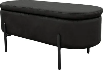 A black upholstered storage bench with metal legs, shown from a side angle against a white background.