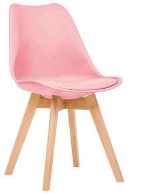 Produktbild von Skandinavischer Esszimmerstuhl in Rosa – Kunstlederoptik, Holzbeine, modernes Design, bequemer Küchenstuhl