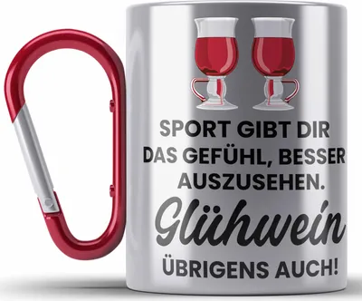 Produktbild von Trendation - Glühwein Edelstahl Tasse Karabiner Lustig Spruch Glühweinbecher mit Henkel Doppelwandig GlühweinEdelstahl Tasse Karabinern Gläser Weihnachtsmarkt Becher Edelstahl Tasse Karabinern Geschenk (Rot)