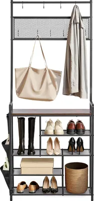 Image de SucceBuy Portemanteau multifonctionnel (75 x 30 x 180 cm) avec étagère à chaussures et crochets, portemanteau avec poche latérale, portemanteau à structure en acier pour entrée et chambre à coucher, noir
