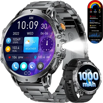 LIGE Militär Smartwatch Herren 1,85" HD Touchscreen, 1000 mAh Akku, 110+ Sportmodi, Herz-/Schlaftracking, IP68 Wasserdicht, 2 Armbänder iOS/Android