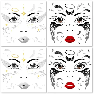 Image de Tatouages temporaires pour Halloween : visage, ailes d'ange, 4 motifs, blanc et noir, pour costumes et carnaval