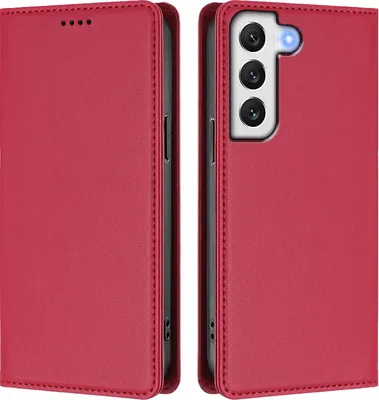 Produktbild von Handyhülle für Samsung Galaxy S22 5G, Kunstleder Klapphülle Stoßfeste Magnetische Hülle mit Ständer Rot