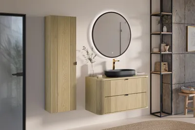 Productafbeelding van Badmeubelset 4-delig, badkameraccessoireset WENDO Cremona eikenhout, kast 100 cm inclusief wastafel