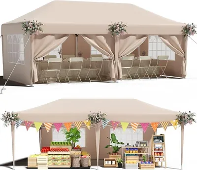 Obrázok produktu pre Pavilón 3x6, vodotesný, stabilný, s UV ochranou 50+, skladací pavilón 3x6, vybavený 6 odnímateľnými bočnými stenami, záhradný pavilón s prepravnou taškou, párty stan s nastaviteľnou výškou, farba: béžová