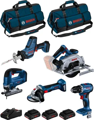 Produktbild von BOSCH Kit BK503BAG (GSR 18V-45 + GKS 18V-57-2 + GST 18V-125 B + GWS 18V-7 + GSA 18V-LI C + 3x4,0Ah ProCORE +GAL18V-40 + 2xHDBAG)