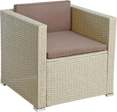 A single beige polyrattan armchair with brown cushions, shown from a front-side angle.