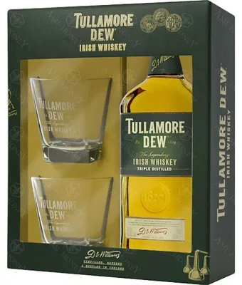 Image de Coffret Whiskey Tullamore Dew 700ml, comprenant deux verres, présenté dans une boîte en carton