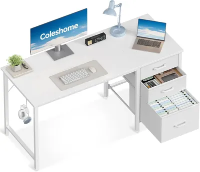 Imagen del producto de Escritorio para oficina con 3 cajones de tela, 120x48 cm, color blanco, con soporte para auriculares, ideal para espacios de trabajo pequeños
