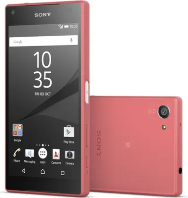 A coral-colored Sony Xperia Z5 Compact phone is shown from the front and back against a white background.