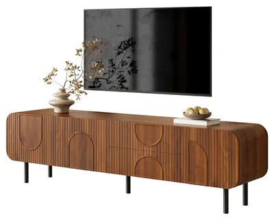 Produktbild von Moonbite TV-Schrank 180 cm Mid-Century, Lowboard 3 Türen 2 Schubladen Rillenfront, Bogenrelief Kabeldurchlässe Metallbeine, MDF-Platte und Spanplatte, Nussbaum