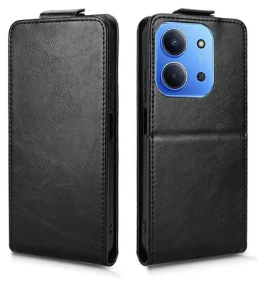 A black flip case for a smartphone is shown from two angles.