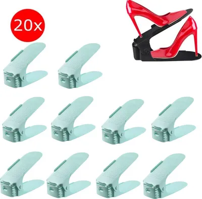 Image de Lot de 20 étagères à chaussures réglables, empilables et antidérapantes, 3 hauteurs réglables, rangement pour chaussures, vert