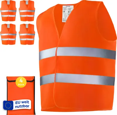 Produktbild von 4 Sicherheitsweste - Warnwesten Set mit Tasche – e EN ISO 20471, Europaweit gültig – Ideal für Baustelle, Auto - Universalgröße - Orange