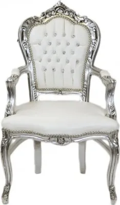 Produktbild von Casa Padrino Barock Esszimmer Stuhl mit Armlehnen weiß / silber Lederoptik mit Bling Bling Glitzersteinen