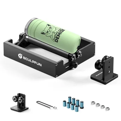 A laser engraver rotary attachment with a tumbler on it, along with various accessories.