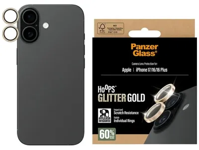 Zdjęcie produktu dla PanzerGlass ® Hoops® Camera Lens Protector Glitter Gold iPhone 17 | iPhone 16 | 16 Plus, Apple, Apple - iPhone 17, Apple - iPhone 16, Apple - iPhone 16 Plus, Aplikacja na sucho, Odporny na zadrapania, Odporny na wstrząsy, Złoto, 1 szt.