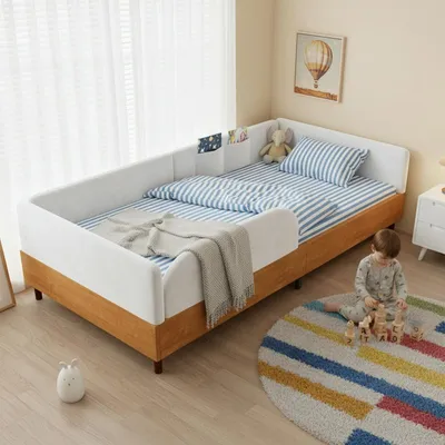 Obrázok produktu pre Postel s čalúnením, rozmery 90x200 cm, biela, vyrobená z dreva a preglejky, s 2 zásuvkami a čalúnením po celom obvode, vhodná do detskej izby alebo spálne