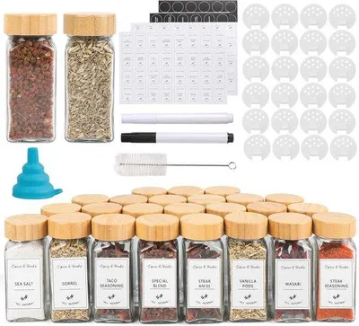 Produktbild von Famanu Gewürzbehälter mit Streueinsatz - Set mit 398 Etiketten, 120 ml, Silikontrichter, Bürste und Kreidestift - Bambusdeckel