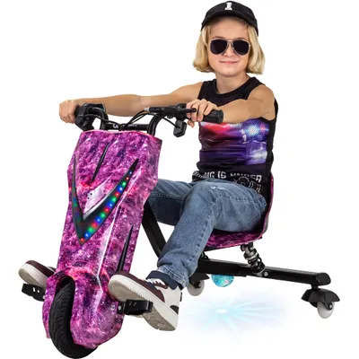 Produktbild von Kinder Elektro Drift Trike | Drift Scooter - Drift Cart - Bis zu 15km/h - LED Driftrollen 360° - Hupe - 3 Geschwindigkeitsstufen (Space Purple)