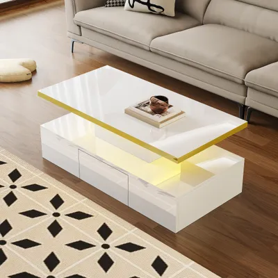Produktbild von UnboxG Couchtisch hochglanz mit LED-Beleuchtung, Wohnzimmertisch mit großen Stauraum und Schublade, Weiß