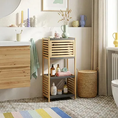 Obrázek produktu pro Koupelnová polička „Kydesby“ 83 x 39 x 30 cm s 1 dvířky a 2 otevřenými přihrádkami, bambus přírodní/šedá