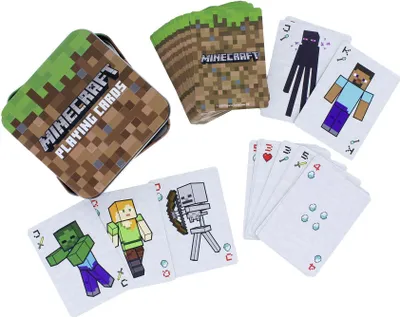 A collection of Minecraft-themed playing cards and their tin case, arranged on a white background.