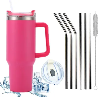 Produktbild von 1200 ML Isolierbecher Edelstahl mit Griff 40 OZ Doppelwandiger Kühlbecher Reisebecher Autobecher mit Strohhalm und Auslaufsicher Becherdeckel, Rose, 9 Stück, 40 OZ